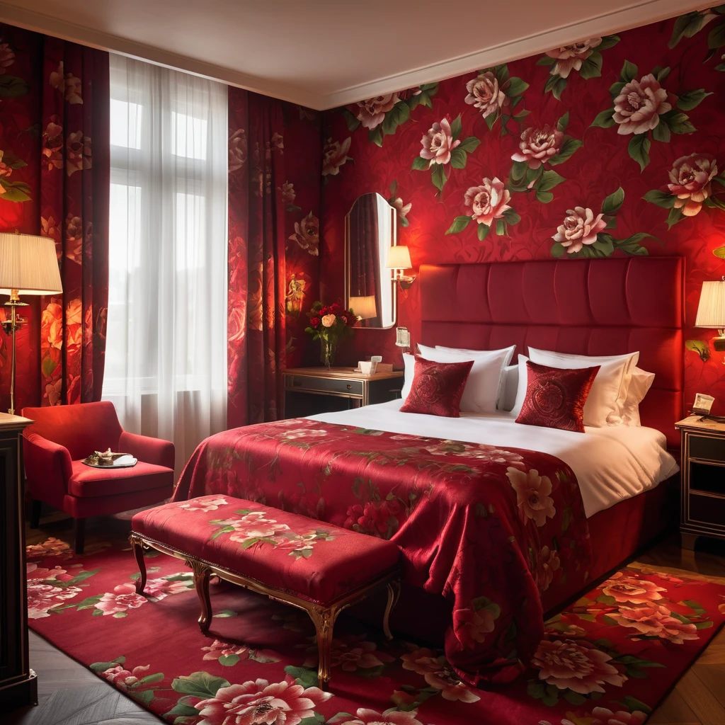 Create a realistic style image with a luxurious hotel room with red walls. The room is elegantly decorated, highlighting a bed with a sophisticated red floral pattern on the bedding. The focus is on the rich red textures of the materials, capturing the luxurious comfort and refined atmosphere of high-end accommodation. Natural light filters through sheer curtains, improving the serene and welcoming atmosphere of the room, 