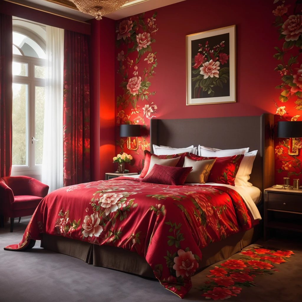 Create a realistic style image with a luxurious hotel room with red walls. The room is elegantly decorated, highlighting a bed with a sophisticated red floral pattern on the bedding. The focus is on the rich red textures of the materials, capturing the luxurious comfort and refined atmosphere of high-end accommodation. Natural light filters through sheer curtains, improving the serene and welcoming atmosphere of the room, 