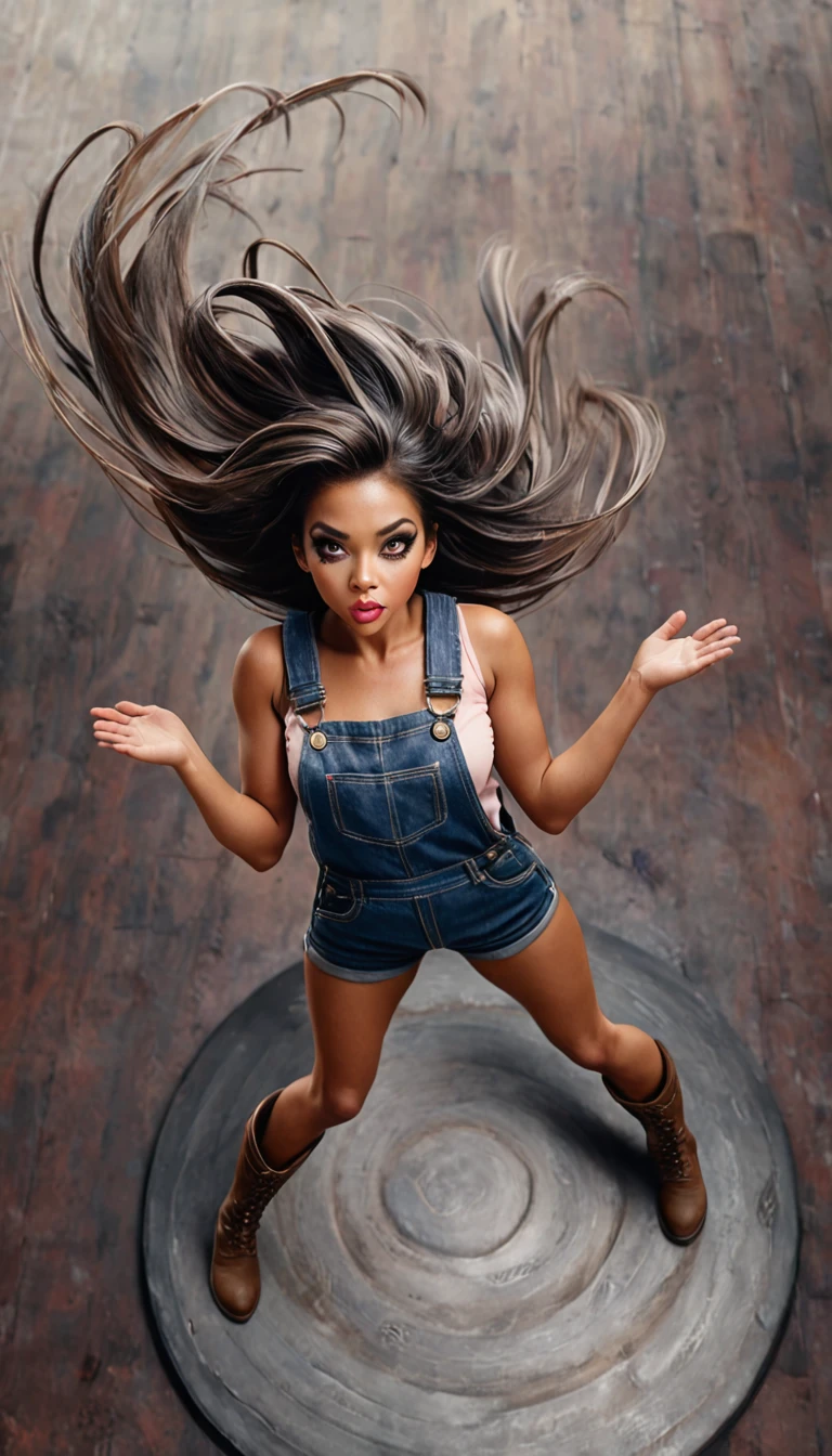 High-resolution image, masterpiece, full-body image, glamorous beauty with hair standing on end in the wind, double eyelids and sharp eyes, thick lips, realistic texture of tanned skin, loose overalls, sleeveless, boots on bare feet, gesture of jumping on the spot with both hands raised, angle from above and in the front, photorealistic, ink-colored background