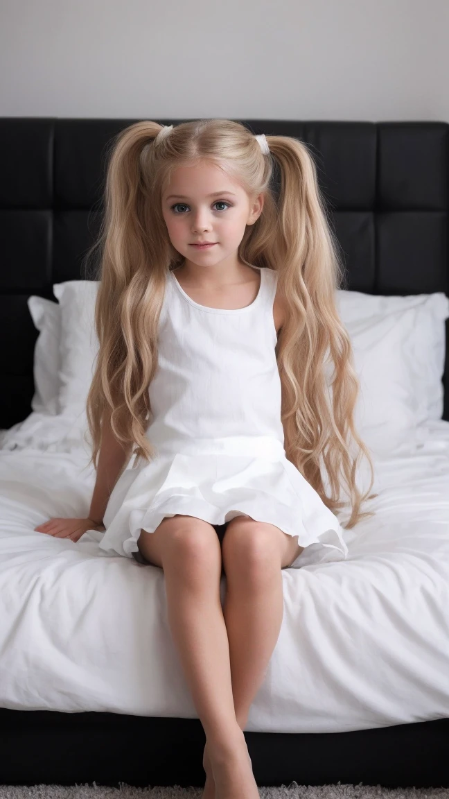 full body shot of a CHILDREN BLONDE GIRL WITH VERY LONG HAIR, on a dark background, Photo shoot on the bed, she is seating and spreading her legs, wearing white see-throught tight skirt and white pantyhose,