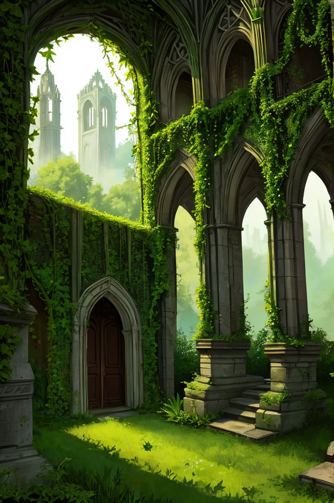 druidess, overgrown ruins, vines ivy and holly