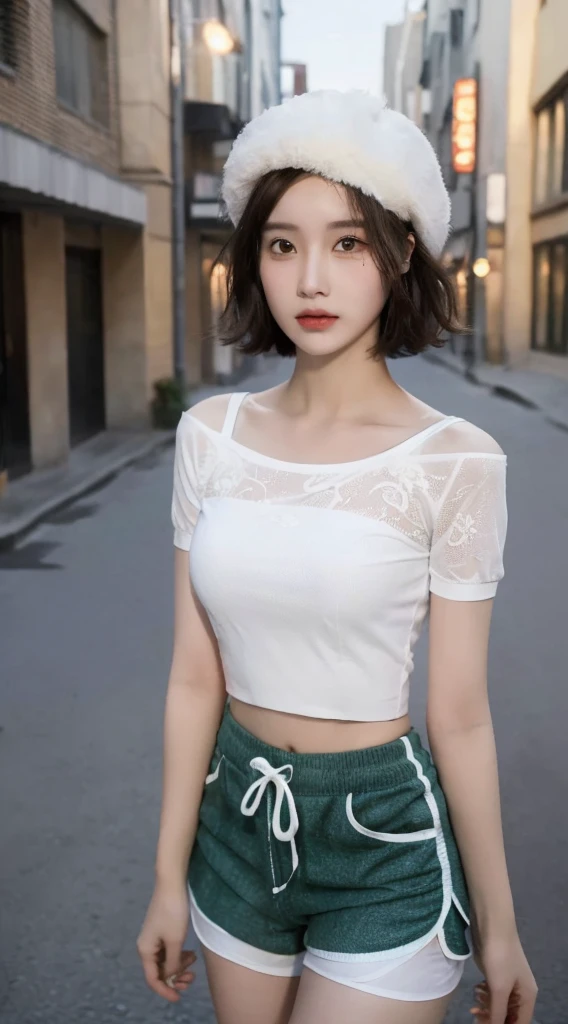 ((Highest quality, 8K, masterpiece: 1.3)), (Flower Cap: 1.3), concentrated: 1.2, Perfect Body Beauty: 1.4, Hips: 1.2, (Layered Haircut: 1.2)), (Dark Street: 1.3), Highly detailed face and skin texture, whole body, Delicate eyes, double eyelid, White skin, Long Hair, (Round face: 1.5), (loose crop top, Shorts: 1.6)