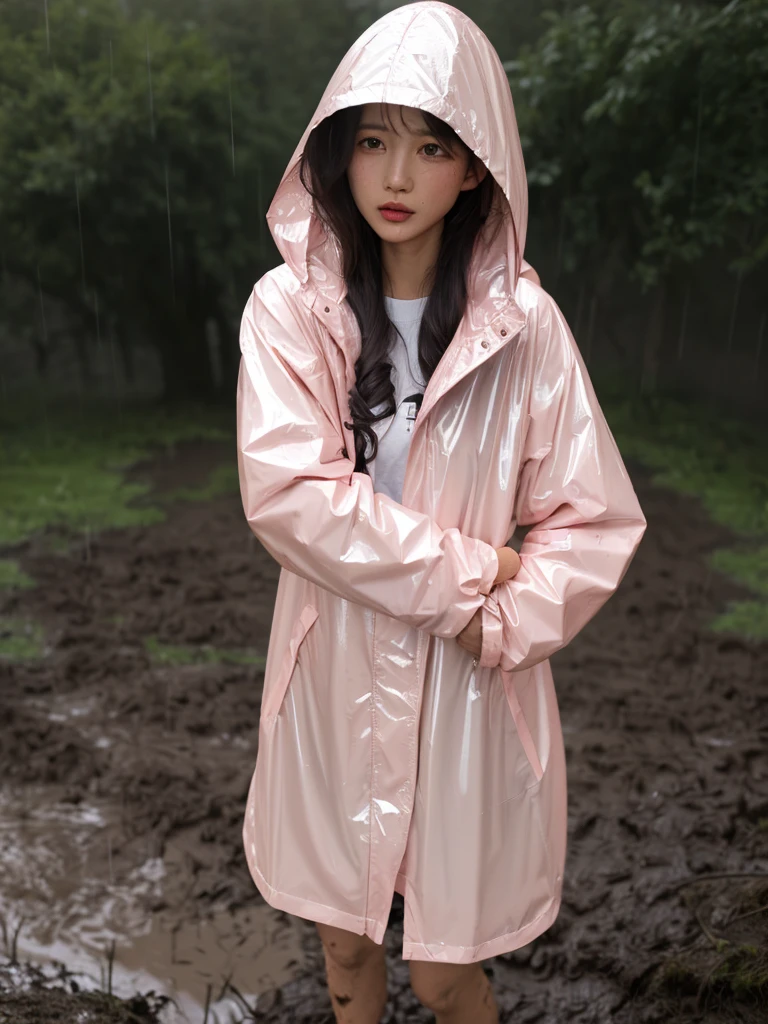 Light pink buttoned raincoat, wearing hood, shiny raincoat, muddy clothes, very dirty muddy raincoat, covered in mud, mud running down clothes, muddy, dirty clothes