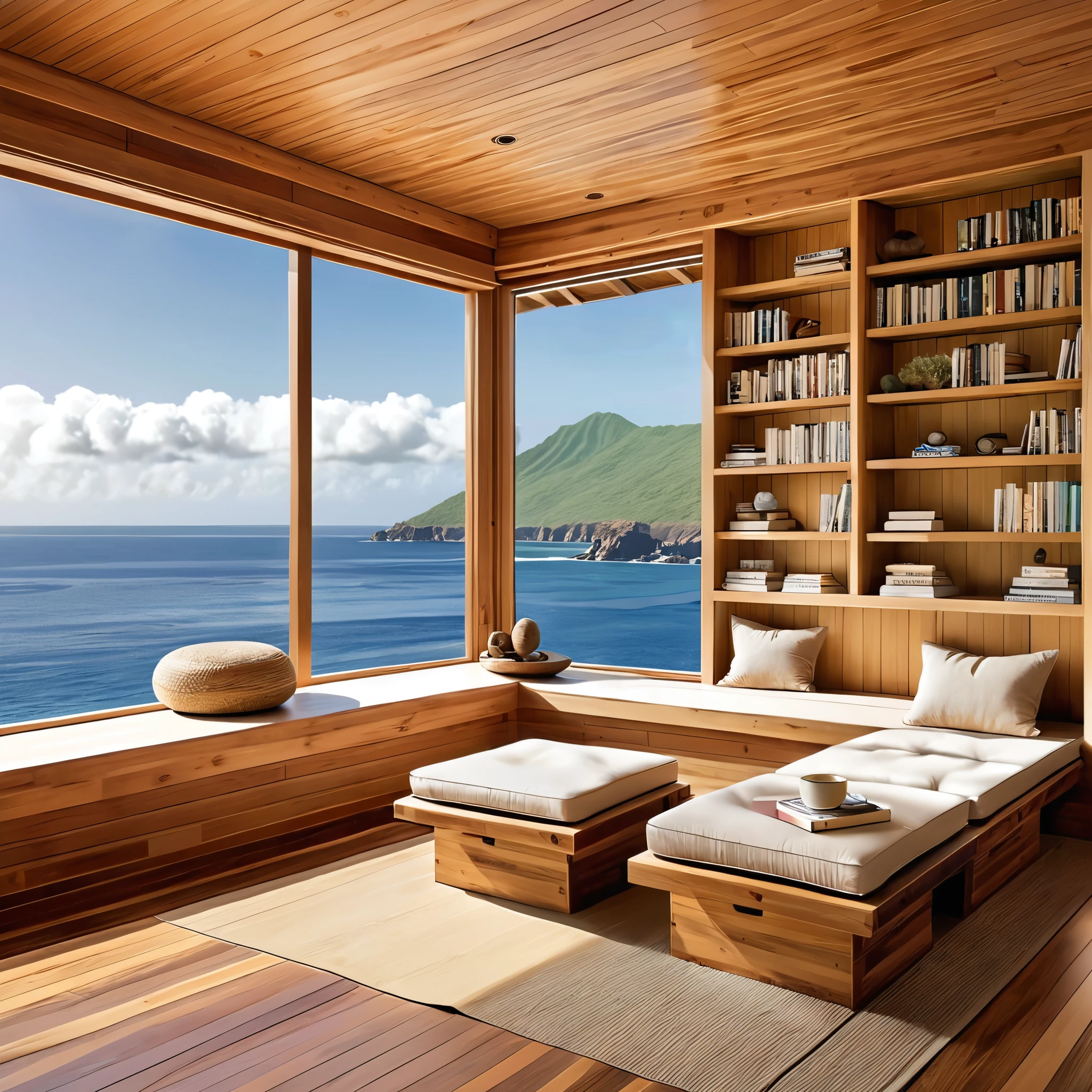 A serene and cozy reading nook with a breathtaking ocean view. The space features large windows with bamboo shades, allowing for plenty of natural light and offering a stunning view of the sea. A simple wooden bench is lined with books, and there are comfortable poufs for seating. The room's natural, minimalist design with wooden walls and flooring creates a tranquil and inviting atmosphere, perfect for relaxation and reading.