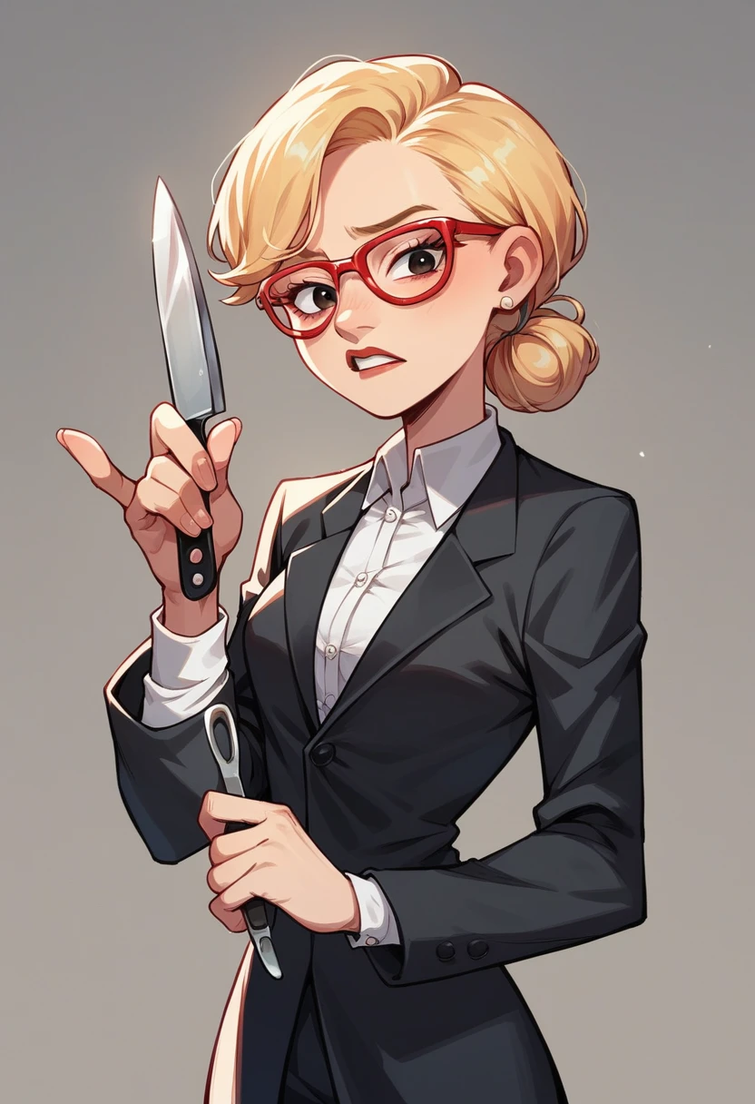 (avatar blonde woman), (Black Suit), (Red glasses), (fork and knife in hand), (Pixar-style image).
