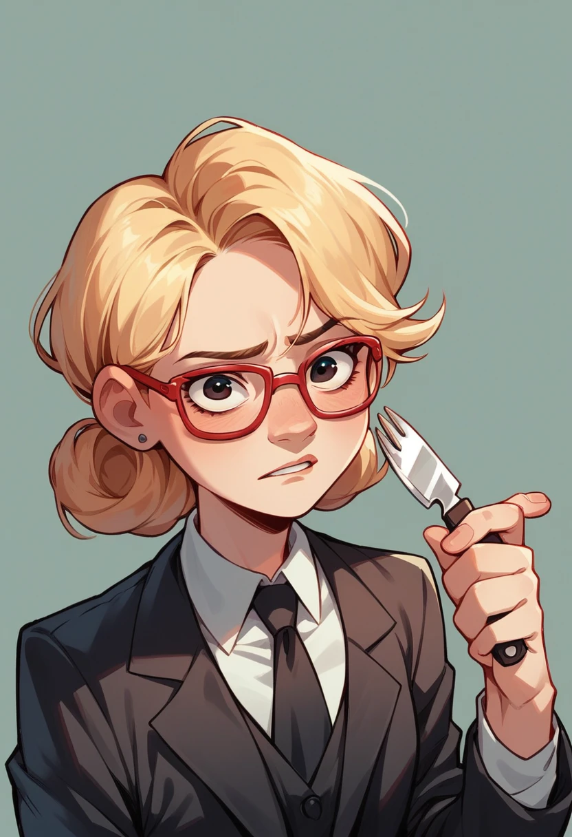 (avatar blonde woman), (Black Suit), (Red glasses), (fork and knife in hand), (Pixar-style image).