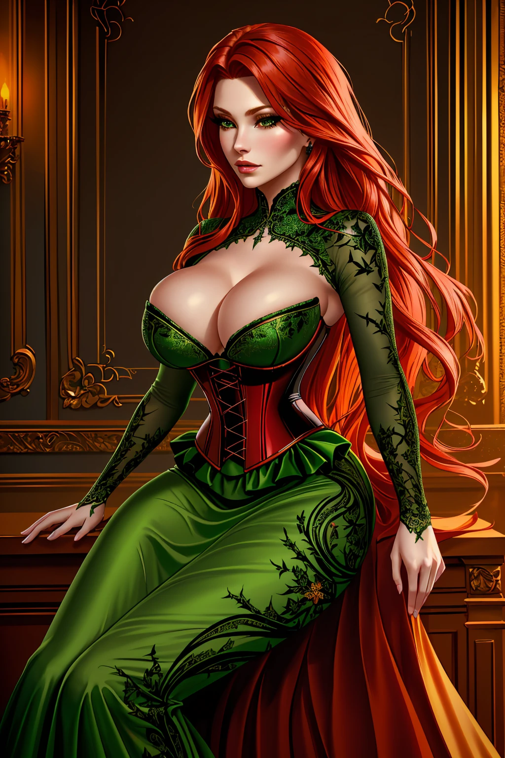 a woman with long crimson hair, wearing a long green dress with a leg slit, intricate corset, beautiful detailed eyes, beautiful detailed lips, extremely detailed face, longeyelashes, elegant pose, graceful movement, breathtaking, detailed and realistic, oil painting, dramatic lighting, warm color palette, cinematic composition, masterpiece, 8k, high quality, poison ivy 