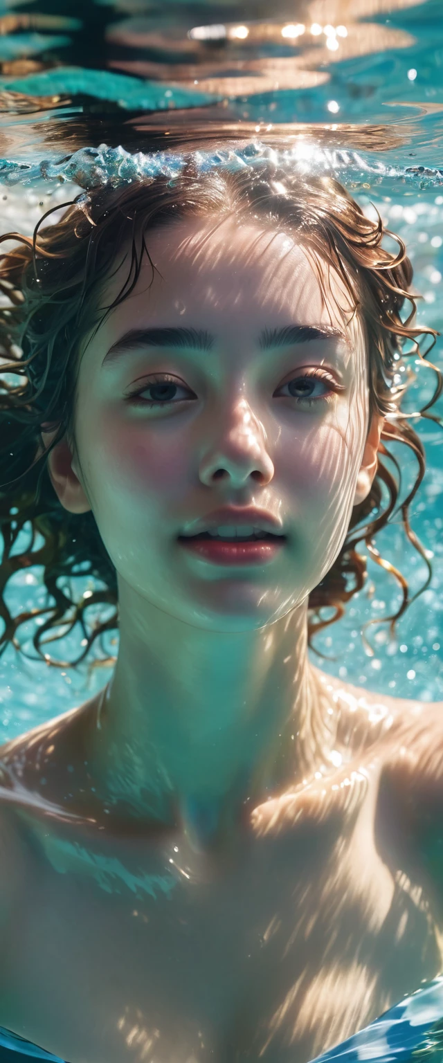 Beautiful girl soaks in pool to cool off during June heat wave,(Close-up of whole head submerged in water.The moment of jumping out of the water)Surrounded by dazzling afternoon light, shadows and water ripples,The whole scene looks lazy and exudes a romantic, relaxed and elegant aesthetic.。