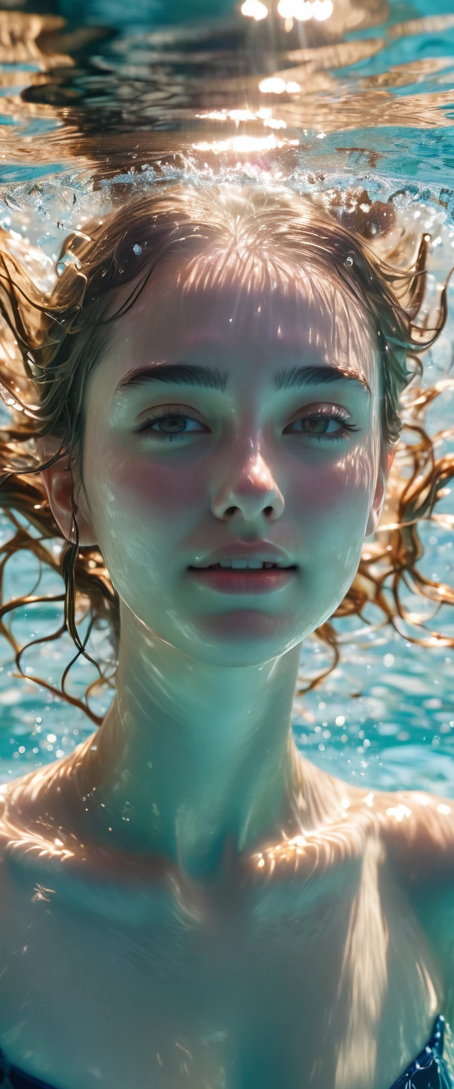 masterpiece, best quality, movie photos, digital art illustration, Beautiful 22 year old Miss, pale skin, German, Miss&#39;Body, dark ginger hair, very Bigger breasts, Bright Eyes, disciple, (((( Ultra-thin transparent fabric)))), (((Air bubbles on bare chest))), no crops, (Pool background), Dark illustration style, (8k, normal elements, lifelike. , sharp focus), complex background, normal, rule of thirds, backlight, SLR camera, film grain, intricate details, Cup size g