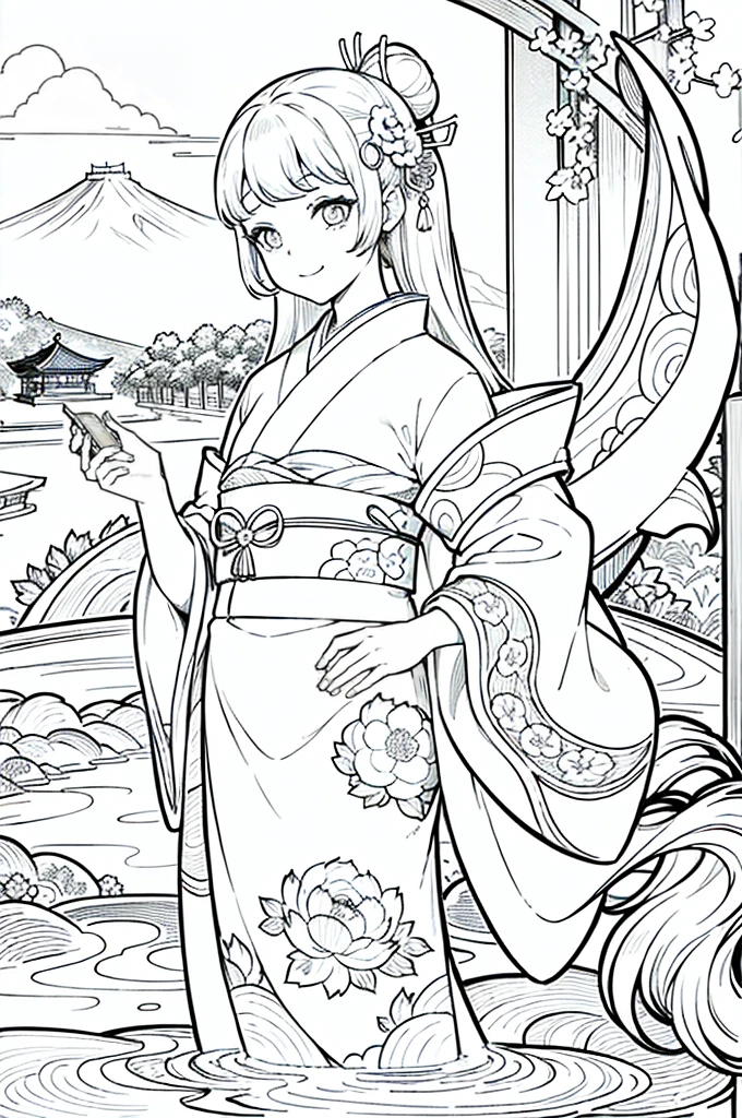 Obra maestra, superlativo, solamente, Dragon cute, flower line drawing background, fondo blanco, monocromo, line drawing, ((bosquejo)), spooky, white eyes, Please create a simple monochrome coloring book that even a  can do, depicting a realistic and cute ukiyo-e illustration of a girl in a kimono, in various poses, with a Japanese garden in the background, that conveys Japanese culture, with a cunning and malevolent smirk