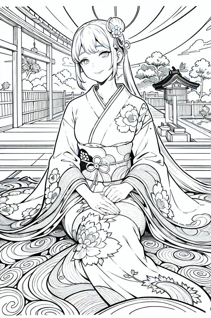Obra maestra, superlativo, solamente, Dragon cute, flower line drawing background, fondo blanco, monocromo, line drawing, ((bosquejo)), spooky, white eyes, Please create a simple monochrome coloring book that even a can do, depicting a realistic and cute ukiyo-e illustration of a girl in a kimono, in various poses, with a Japanese garden in the background, that conveys Japanese culture, with a cunning and malevolent smirk