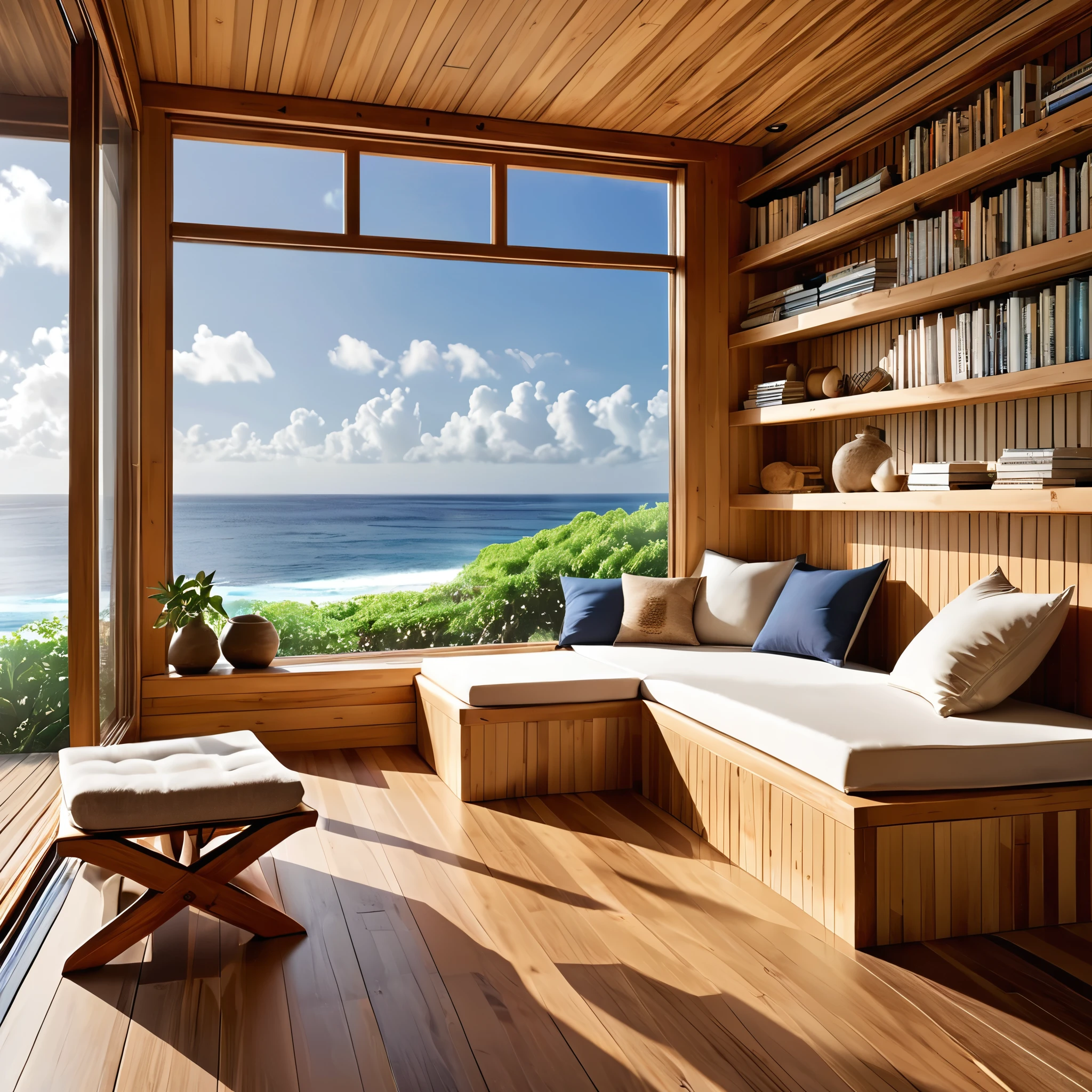 A serene and cozy reading nook with a breathtaking ocean view. The space features large windows with bamboo shades, allowing for plenty of natural light and offering a stunning view of the sea. A simple wooden bench is lined with books, and there are comfortable poufs for seating. The room's natural, minimalist design with wooden walls and flooring creates a tranquil and inviting atmosphere, perfect for relaxation and reading.