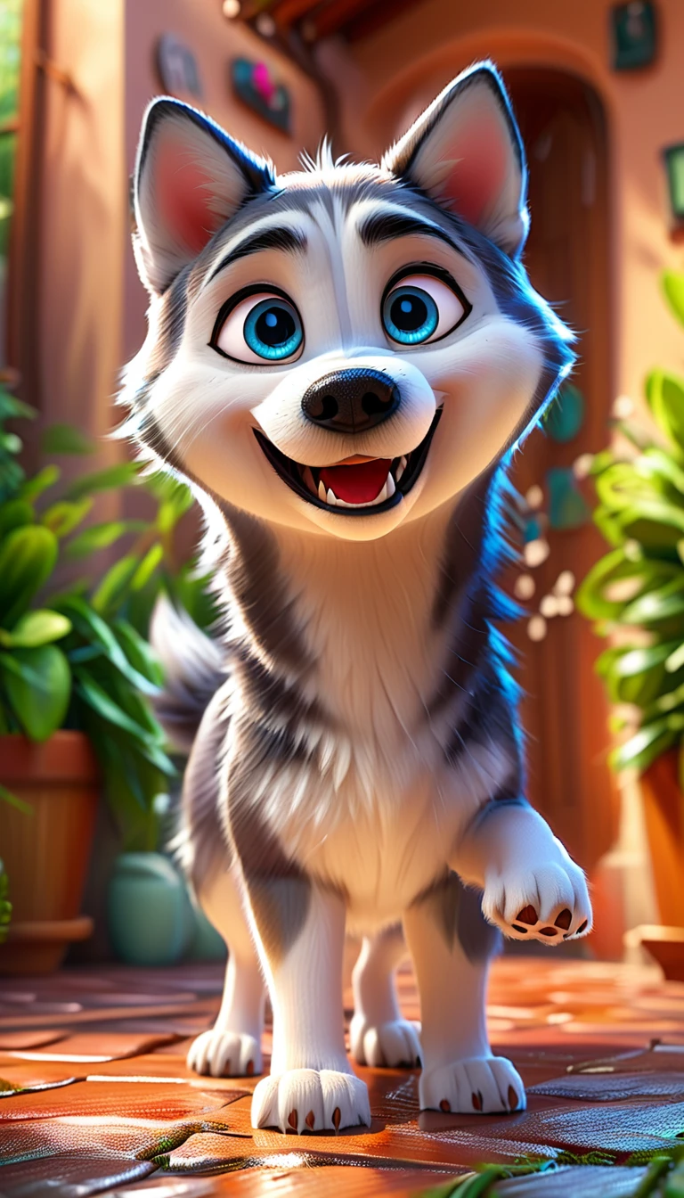 cartoon husky dog, adorable digital painting, dog, standing claws, cute dog, cartoon, looking at viewer, cute eyes, husky, hands, cartoon, clothes, blue eyes, dog standing, T-pose, 2 arms, 2 legs