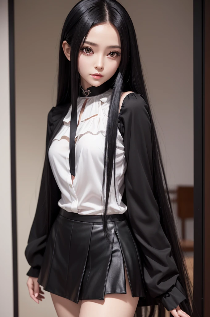 in drawing/ANIME make a fairy with long black hair, skin fair, dark shaped eyes, with long sleeve blouse and mini skirt