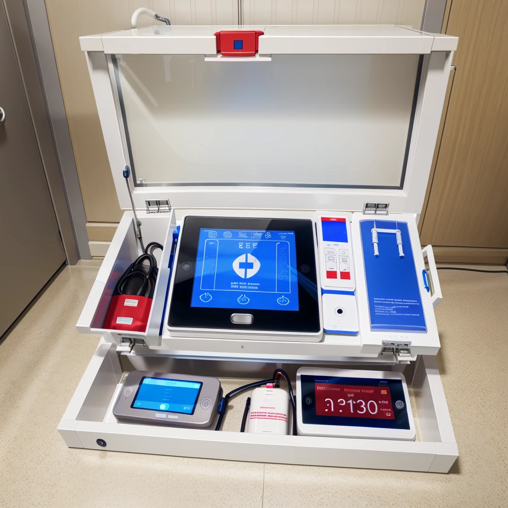 Make an emergency digital bedside box contains defibrillator, vital monitor, hand rub pump, infusion pump, and a digital screen, glove box . I should be big all emergency items should be included
