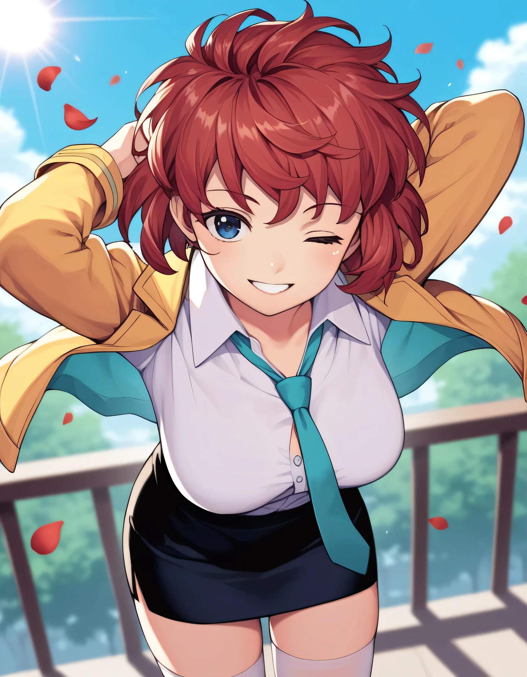1girl, aqua necktie, arm behind head, arms up, black skirt, blue background, blue eyes, blue sky, blurry, breasts, bush, buttons, cleavage, cloud, collarbone, collared shirt, cowboy shot, day, depth of field, dutch angle, falling petals, glint, hair intakes, half-closed eye, happy, jacket, leaning forward, lens flare, long sleeves, looking at viewer, medium breasts, miniskirt, necktie, one eye closed, open clothes, open jacket, outdoors, parted lips, pencil skirt, petals, railing, red hair, , shirt, shirt tucked in, short hair, sidelocks, skirt, sky, smile, solo, standing, stretching, teeth, thighhighs, thighs, undone necktie, white shirt, white thighhighs, yellow jacket, zettai ryouiki, blurry, score_9, score_8_up, score_7_up, score_6_up, score_5_up, score_4_up, BREAK source_anime, masterpiece