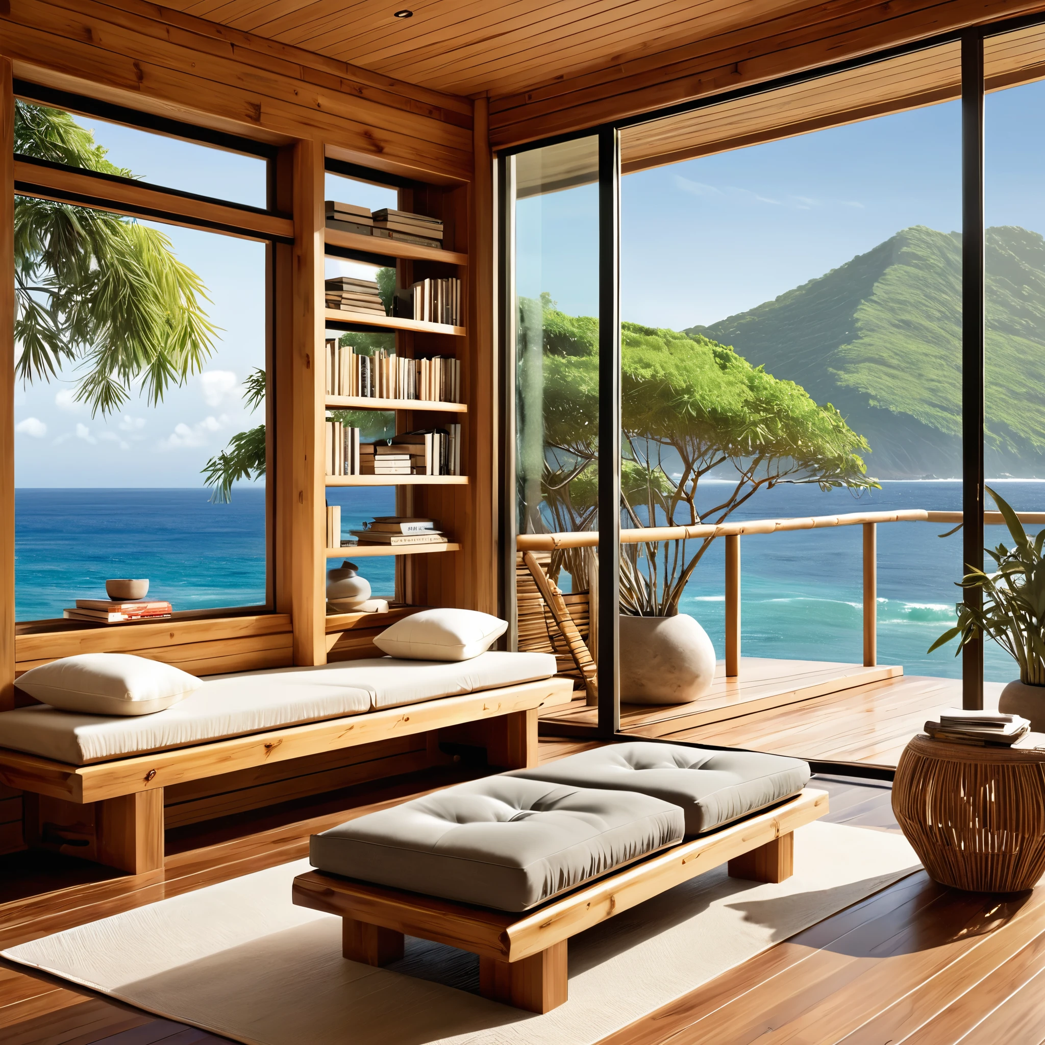 A serene and cozy reading nook with a breathtaking ocean view. The space features large windows with bamboo shades, allowing for plenty of natural light and offering a stunning view of the sea. A simple wooden bench is lined with books, and there are comfortable poufs for seating. The room's natural, minimalist design with wooden walls and flooring creates a tranquil and inviting atmosphere, perfect for relaxation and reading.