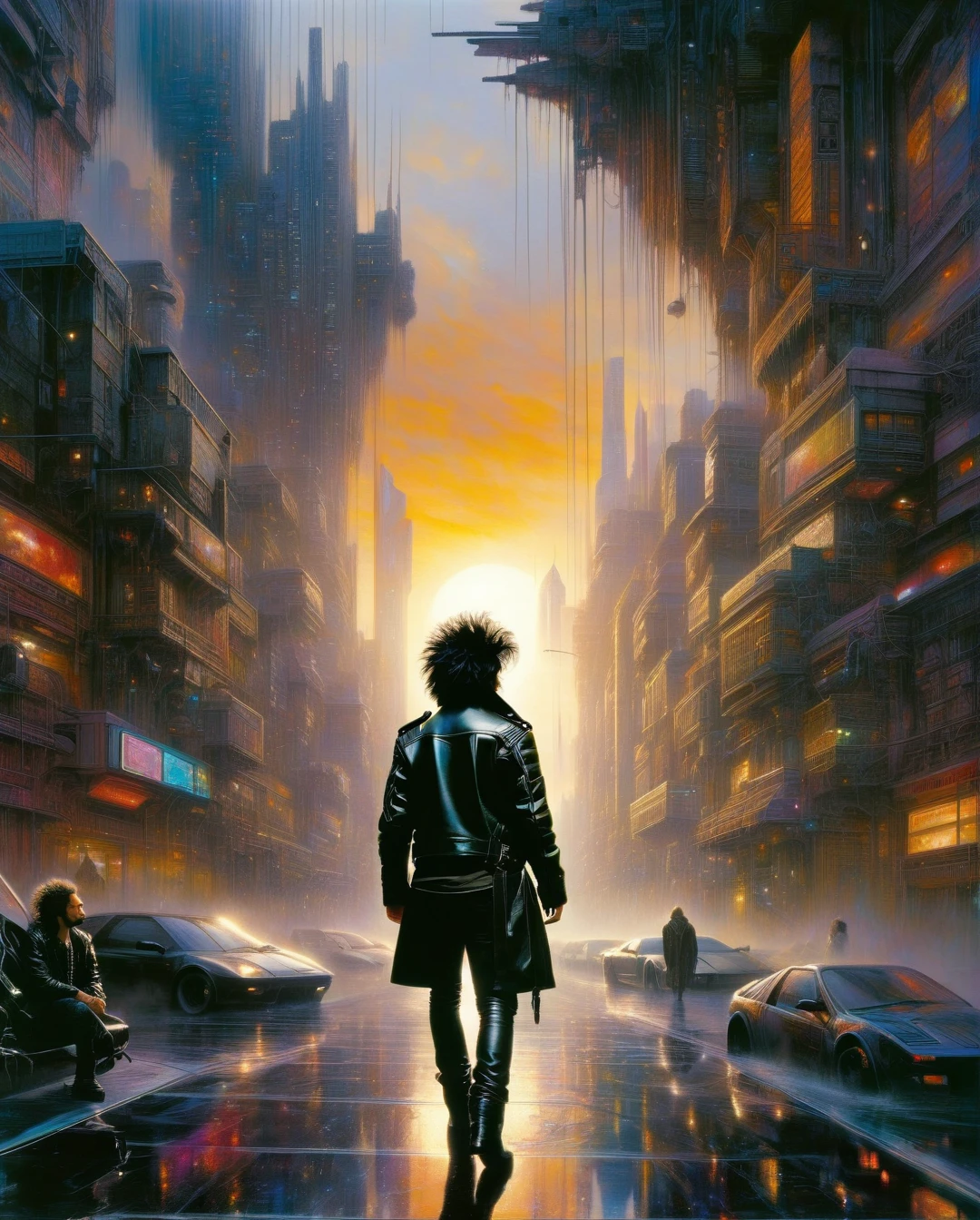 Masterpiece, photorealistic, highly detailed, 1men, black leather jacket, black fuzzy hair, futury city, sunset background, soft light, (epic low shot), wallpaper, cinematic,High detailed, cyberpunk city,  artwork inspired by Brian Froud and Carne Griffiths and Wadim Kashin, intricate details, oil
