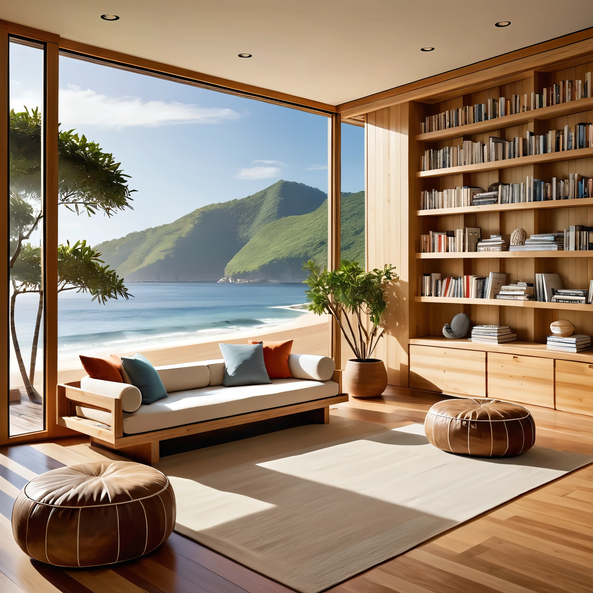 A peaceful reading corner designed to maximize ocean views and natural light. The space includes floor-to-ceiling windows with bamboo shades, a wooden bench filled with books, and soft poufs for comfortable seating. The minimalist interior is characterized by wooden walls and flooring, providing a warm and calming environment ideal for unwinding with a book while enjoying the serene seascape.