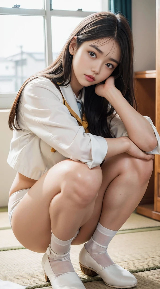 Place your hands on your knees、((White panties are visible))、(Squatting panchira)、double eyelid、Perfect Fingers、Perfect Proportions、huge 、eyelash、Place your heels on the ground、Beautiful and delicate eyes、Very fine、High resolution、Transcendental beauty、Highest quality、masterpiece、((Japanese high school girls uniform))、Extremely detailed representation、School classroom、Highly detailed appearance、18-year-old girl、Positive、(((Dynamic Pose)))、((Sit with your knees bent))、Sexy upward glance、Low angle、(((White panties are visible)))、M-shaped leg pose