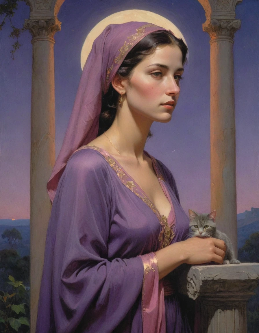 Masterpiece, (realistic), (propaganda poster), ((Moebius Jean Giraud)), (((haughty upright profile portrait of a veiled Roman woman, young, priestess, sensual, imposing, dignified, proud, arrogant, wearing silk, purple and pink robes with detailed crescent moon, star elements, petting a cat))), ((Corinthian columns, jungle, dusk background, moths))