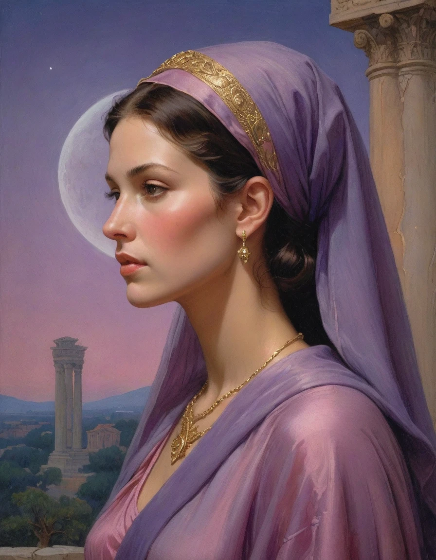 Masterpiece, (realistic), (propaganda poster), ((Moebius Jean Giraud)), (((haughty upright profile portrait of a veiled Roman woman, young, priestess, sensual, imposing, dignified, proud, arrogant, wearing silk, purple and pink robes with detailed crescent moon, star elements, petting a cat))), ((Corinthian columns, jungle, dusk background, moths))