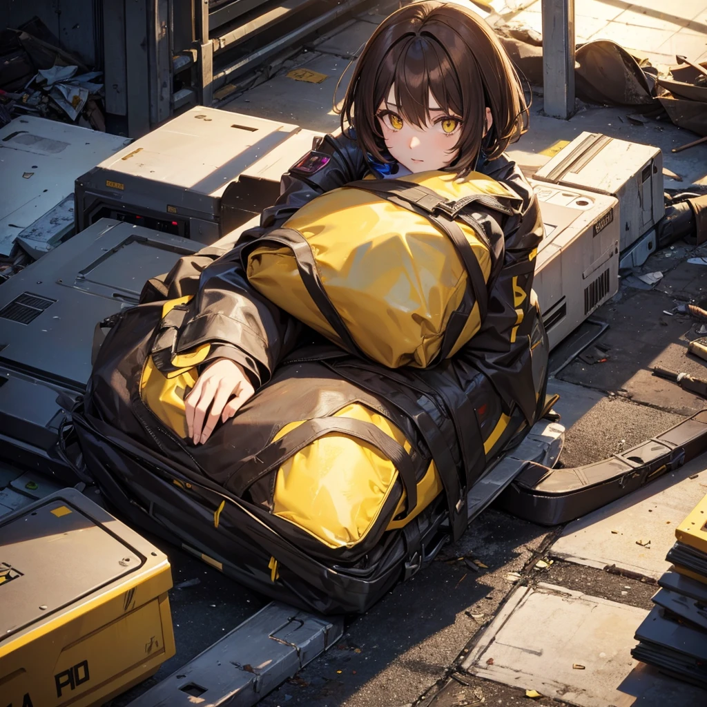 humanoid waifu girl, short brown hair, yellow eyes, lying on a pile of cyberpunk trash