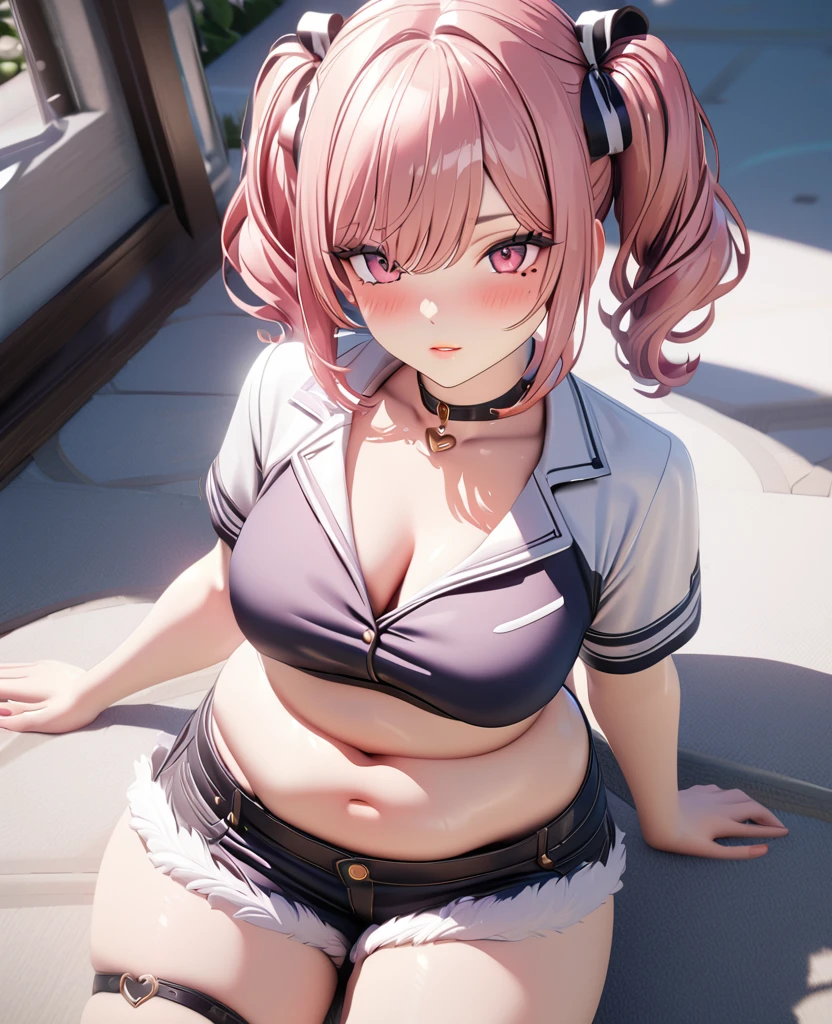 masterpiece, best quality, highly detailed, high resolution, expensive resolution, high resolution, 4K, 8k, uniform 8k wallpaper, highly detailed CG, masterpiece, 2D, 3D, beautiful details, depth, fine texture, best quality: 1.3, perfectly focused, crispy. skin, him, cute anime 20s girl, her name is Mei, idol, expensive brown short twin tails, mole under eye, looking at the viewer, cowboy shorts, expensive, blush, mole, plump lips, heart, pink eyes, heart shaped choker
