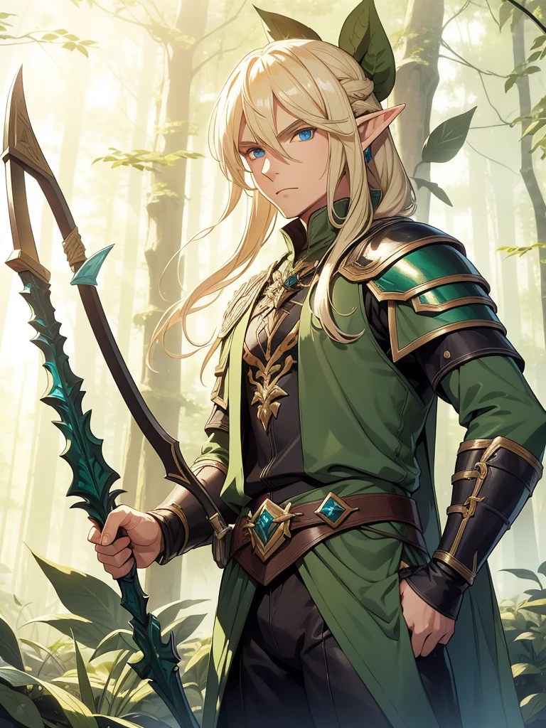 A male elf that possesses flowing blonde hair and striking blue eyes, typical of his elven heritage. He dresses in supple, forest-green leather armor crafted for agility and stealth, complemented by dark trousers and sturdy boots that allow him to move swiftly through the dense underbrush of Evershade Forest. He has bow and arrows.