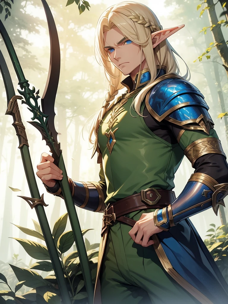 A male elf that possesses flowing blonde hair and striking blue eyes, typical of his elven heritage. He dresses in supple, forest-green leather armor crafted for agility and stealth, complemented by dark trousers and sturdy boots that allow him to move swiftly through the dense underbrush of Evershade Forest. He has bow and arrows.
