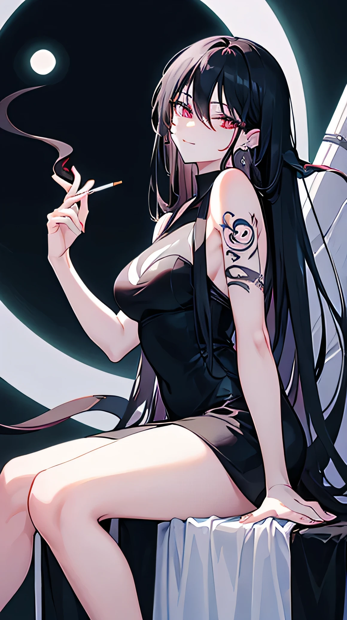Woman holding a cigarette between her fingers、Black long hair、stage、sit、Earrings、Tattoo(moon)、Tattoo(snake)、High Quality、Beautiful Face、Biologically correct、Well-formed face、dress