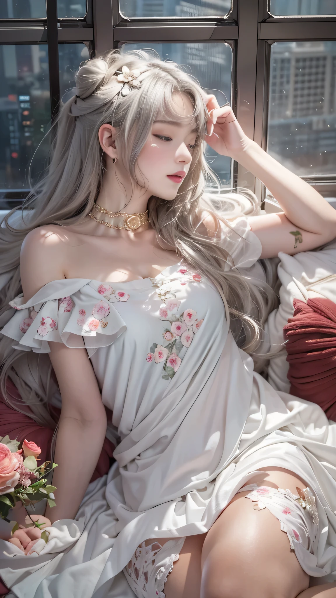 ((Girl lying on bed))、Beauty、 One Girl、alone、Long Hair、Viewer、smile、hair ornaments、、gem、Gray Hair、Shut your mouth、Blunt bangs、Manicure、bracelet、lips、Grey Eyes、Portraiture、Red nails、close、赤いlips、Put your hands on your face、Place your hand on your cheek、()、(Shiny skin)、((Skyscrapers are hazy outside the window))、(Off-shoulder white dress with floral pattern),),((Girl sleeping with legs slightly apart)),((White panties are visible)),(Lift-up skirt)、((holding a wine glass)),