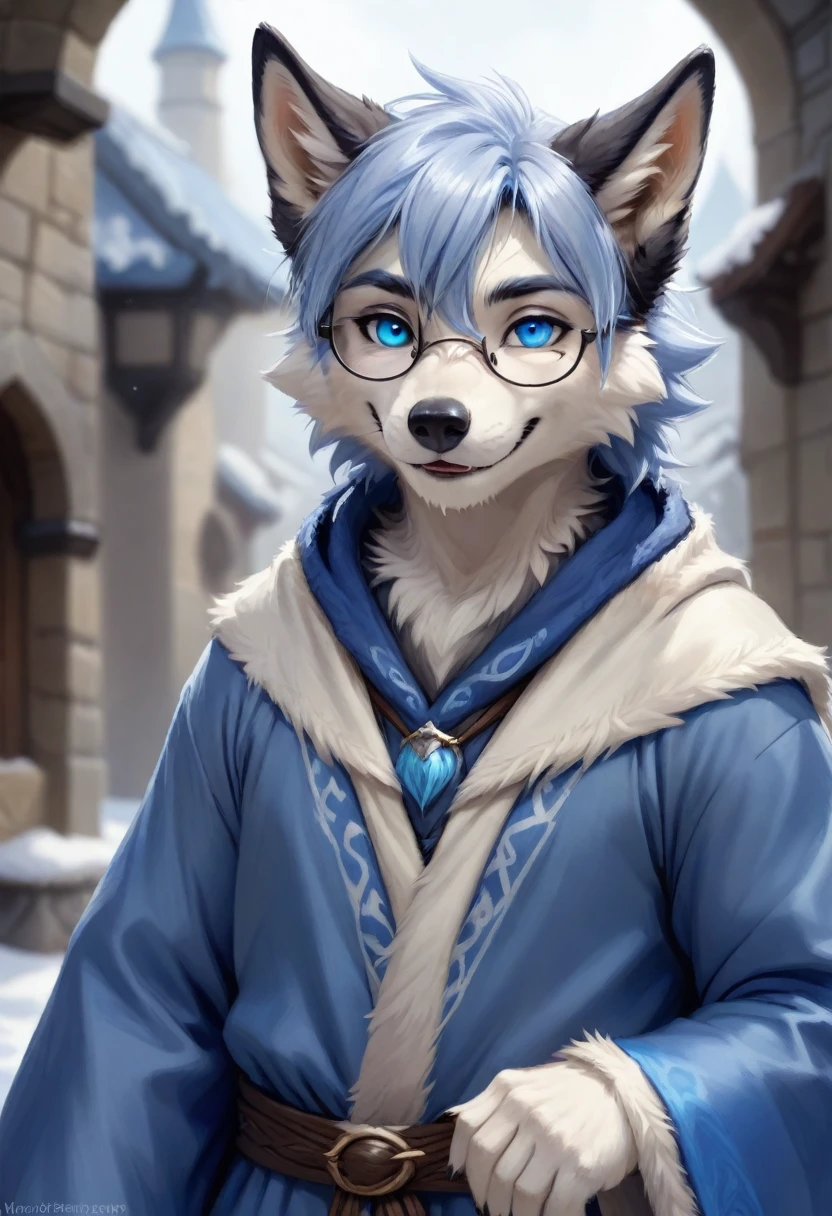 Wolf，male，Mage Clothing，robe，Blue and white fur，Glasses，Orcs，Orcs脸，delicate and pretty，Wolf脸，cute，Young，Introvert，精灵Wolf，Facial details，happy，Smile，Light blue cheek hair