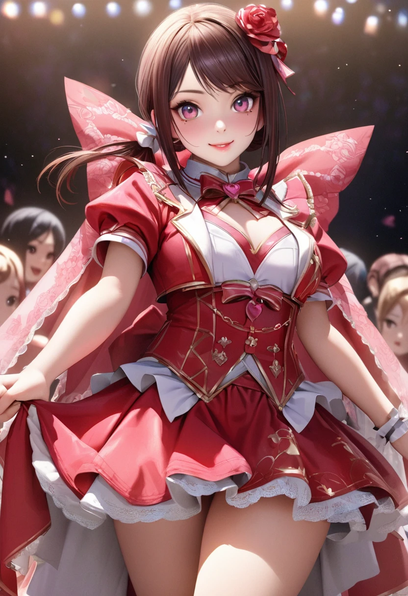 One Girl、Looking at the audience、
Beautiful Pink Eyes、short twintail   hair、,Mole under the eye、Plump and glossy lips、Heart-shaped choca、Idol、she is name Riko,smile、ー、。.。.。.。.。.。.。.。.。.。.。.。.。.。.。.。.。.。.3D、Realistic、
idol costume、short skirt,Drape clothes、gem、The decoration has been removed、Floral、Lace trim,On the glittering stage、
masterpiece、highest quality、8k、Detailed skin texture、Detailed cloth texture、Beautifully detailed face、Intricate details、Very detailed、
超A high resolution、8K Ultra HD、Film Grain、Best Shadow、delicate、Staring at the audience、front