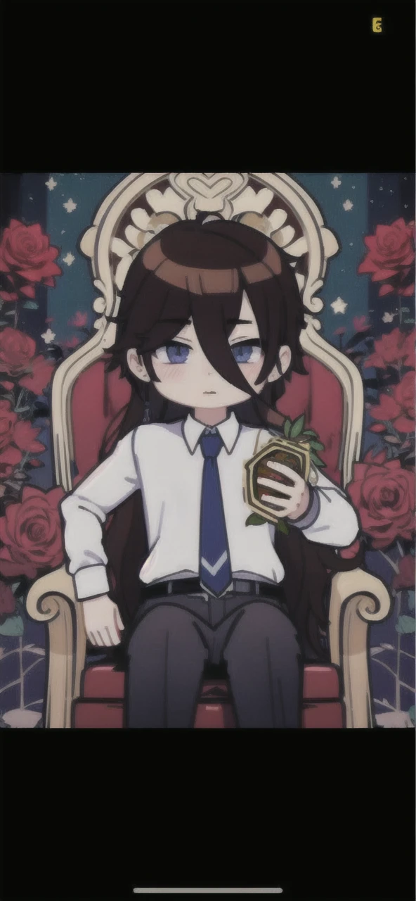 (masterpiece, best quality:1.2), 1 guy, Brown hair, bangs cover the right eye,shirt, tie, trousers, Sits on the throne, holding a rose in his hands, Roses Around