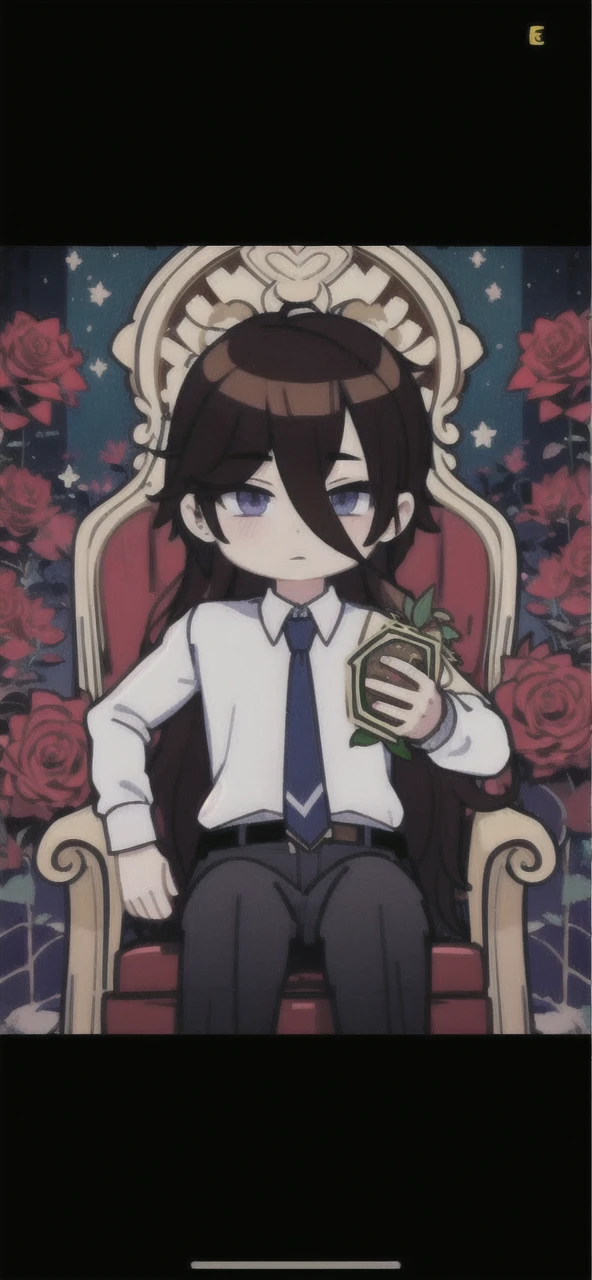 (masterpiece, best quality:1.2), 1 guy, Brown hair, bangs cover the right eye,shirt, tie, trousers, Sits on the throne, holding a rose in his hands, Roses Around