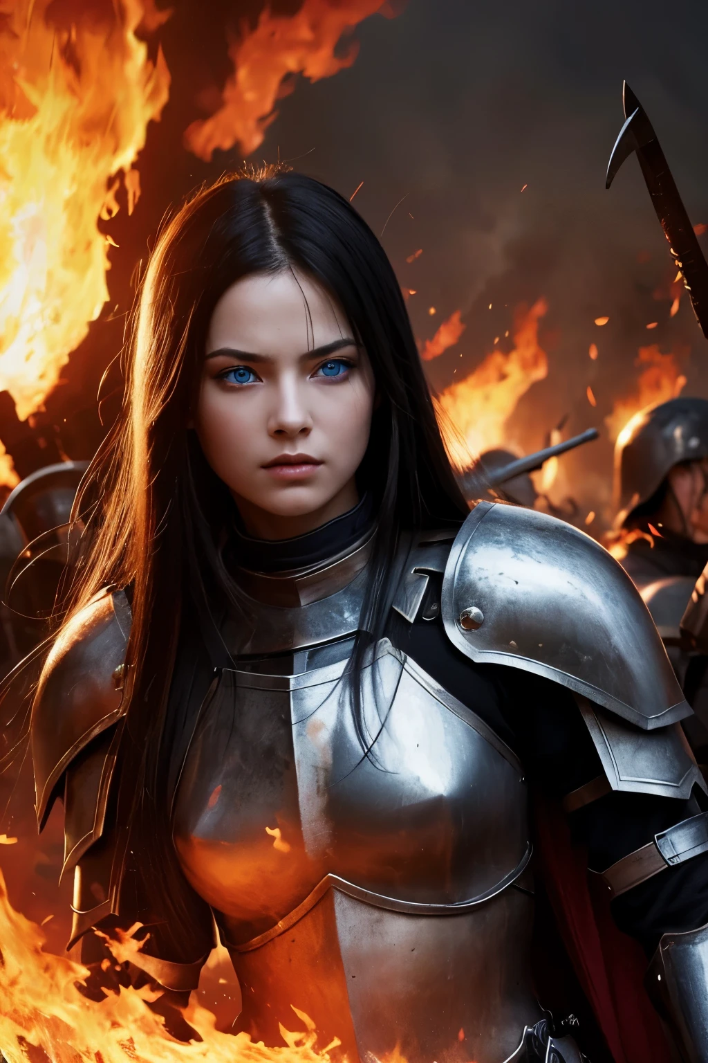 Highest quality,Beautiful woman,1 person,(Black Hair,Blue Eyes),war,Warrior,knight,Engulfed in flames,Lots of demons