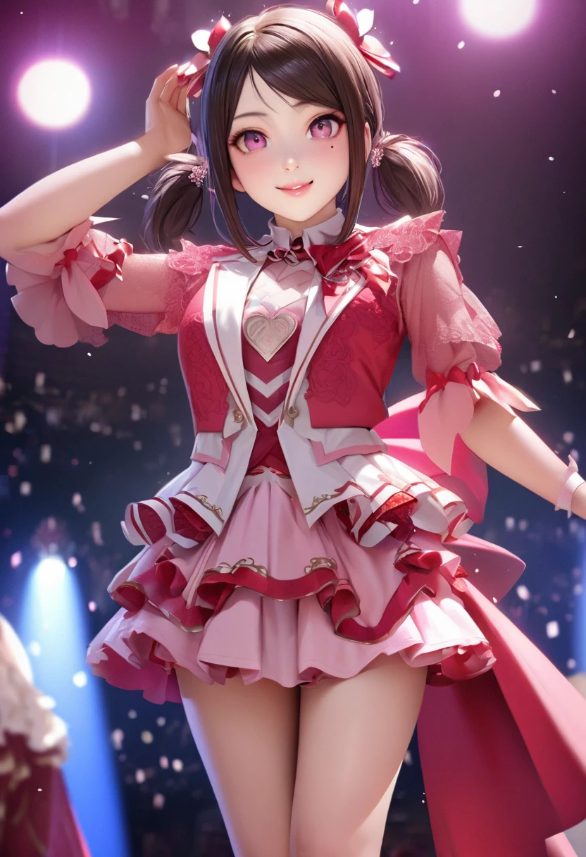 One Girl、Looking at the audience、
Beautiful Pink Eyes、short twintail   hair、,Mole under the eye、Plump and glossy lips、Heart-shaped choca、Idol、she is name Riko,smile、ー、。.。.。.。.。.。.。.。.。.。.。.。.。.。.。.。.。.。.3D、Realistic、
idol costume、short skirt,Drape clothes、gem、The decoration has been removed、Floral、Lace trim,On the glittering stage、
masterpiece、highest quality、8k、Detailed skin texture、Detailed cloth texture、Beautifully detailed face、Intricate details、Very detailed、
超A high resolution、8K Ultra HD、Film Grain、Best Shadow、delicate、Staring at the audience、front