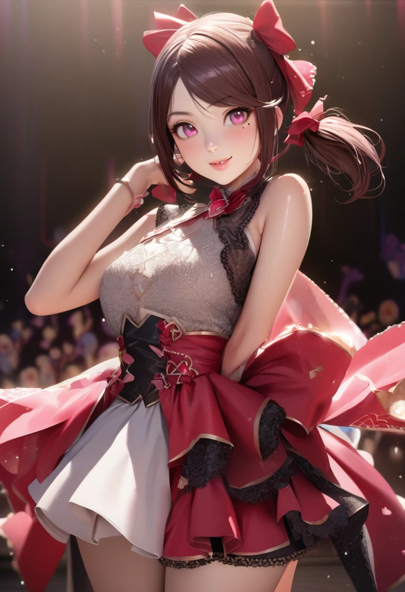 One Girl、Looking at the audience、
Beautiful Pink Eyes、short twintail   hair、,Mole under the eye、Plump and glossy lips、Heart-shaped choca、Idol、she is name Riko,smile、ー、。.。.。.。.。.。.。.。.。.。.。.。.。.。.。.。.。.。.3D、Realistic、
idol costume、short skirt,Drape clothes、gem、The decoration has been removed、Floral、Lace trim,On the glittering stage、
masterpiece、highest quality、8k、Detailed skin texture、Detailed cloth texture、Beautifully detailed face、Intricate details、Very detailed、
超A high resolution、8K Ultra HD、Film Grain、Best Shadow、delicate、Staring at the audience、front