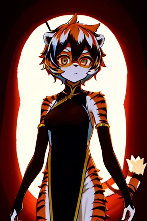 look_it is,1 girl, it isrry, masterpiece, best quality, Solitary, it isr, , (Exquisite eyes:0.9), Big Posture, fall, Throw, dusk, Short arm, Chinese dress, Tiger tail, Upper Body,