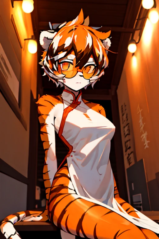 look_it is,1 girl, it isrry, masterpiece, best quality, Solitary, it isr, , (Exquisite eyes:0.9),  Big Posture, fall, Throw, dusk, Short arm, Chinese dress, Tiger tail, Upper Body,
