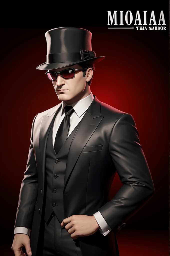 create a cover for my roblox game with a mafia theme mixed with murder mystery, I LIKED THE PICTURE make the character become a roblox character and the name of the game put Intrigue: The Mafia Secret