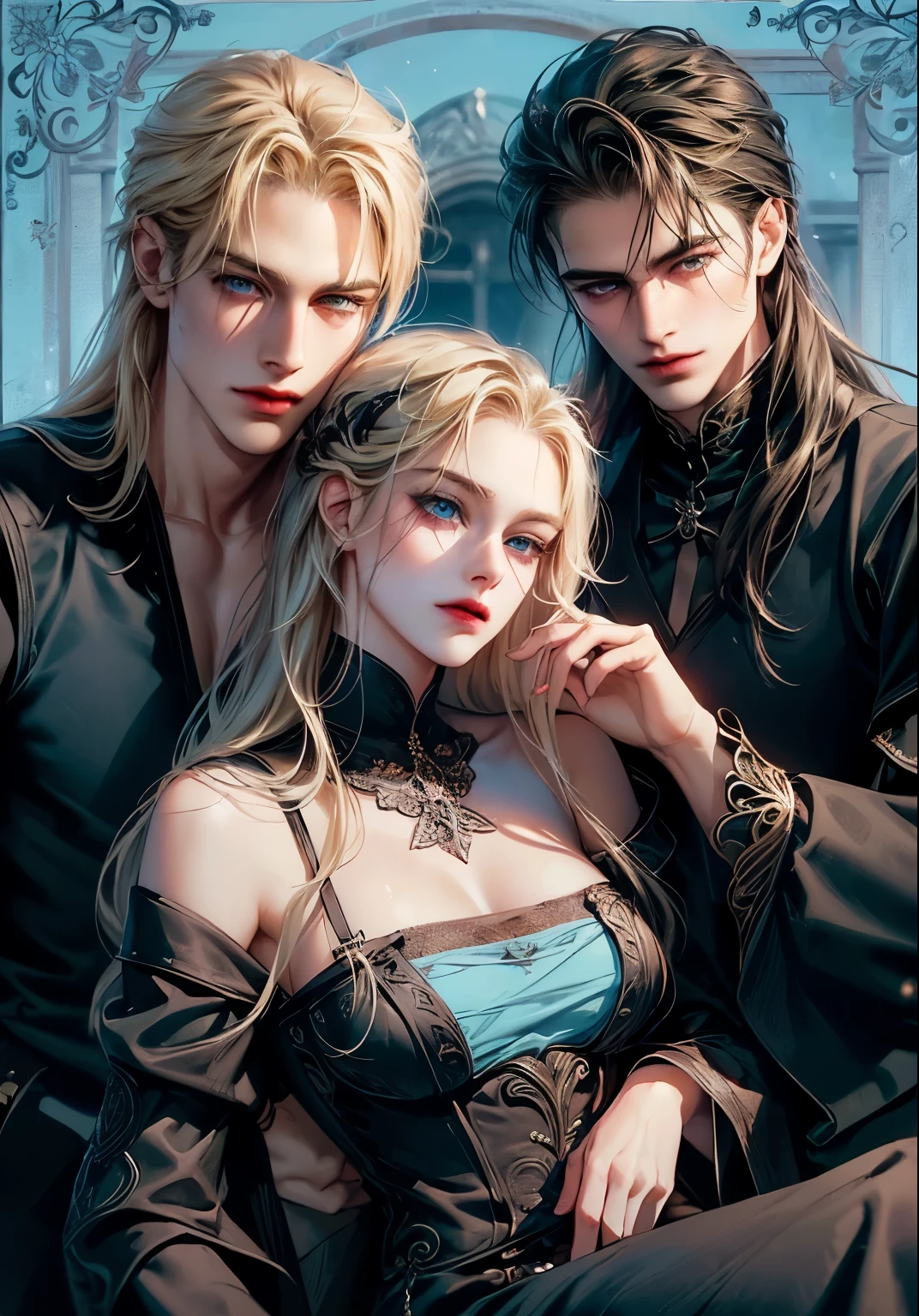 ((girl and two men)), ((dark fantasy)),((handsome boy grabbing girl from behind)), mature male, 30-ish, (wide shoulder), ((no chest hair)),short black Quiff hair with Soft Fringe (bangs part on side 3:7 ratio), blue eyes, upper body, short hair, looking at viewer, parted lips, round eyewear, wet hair, open black shirt, long sleeves, showing a bit of muscles,(( girl with wavy hair, pale skin, long light blond hair),((light blue eyes)), freckles,(girl 16 years old),erotic posing,Gothic background, Dark fantastic view,Best Quality,masutepiece,8K,The ultimate detailed dark background, Top image quality、RAW photography、超A high resolution,cropped shoulders, overall look is very erotic, model shoot, Large round chest, Beautiful Eyes of Details、Very slender eyes、Beautiful eyelashes、Very slim physique, with blush cheeks, bedroom background
