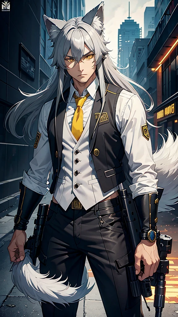 naughty man,
Meio Lobo,
wolf's ears,
wolf tail,
long hair,
male,
Cao Cao,
yellow  eyes,
hair grey,
He is wearing a vest and sniper outfit,
Vestimentas futuristicas,
Futuro,
Ciberpunk,
He has a white sniper,

