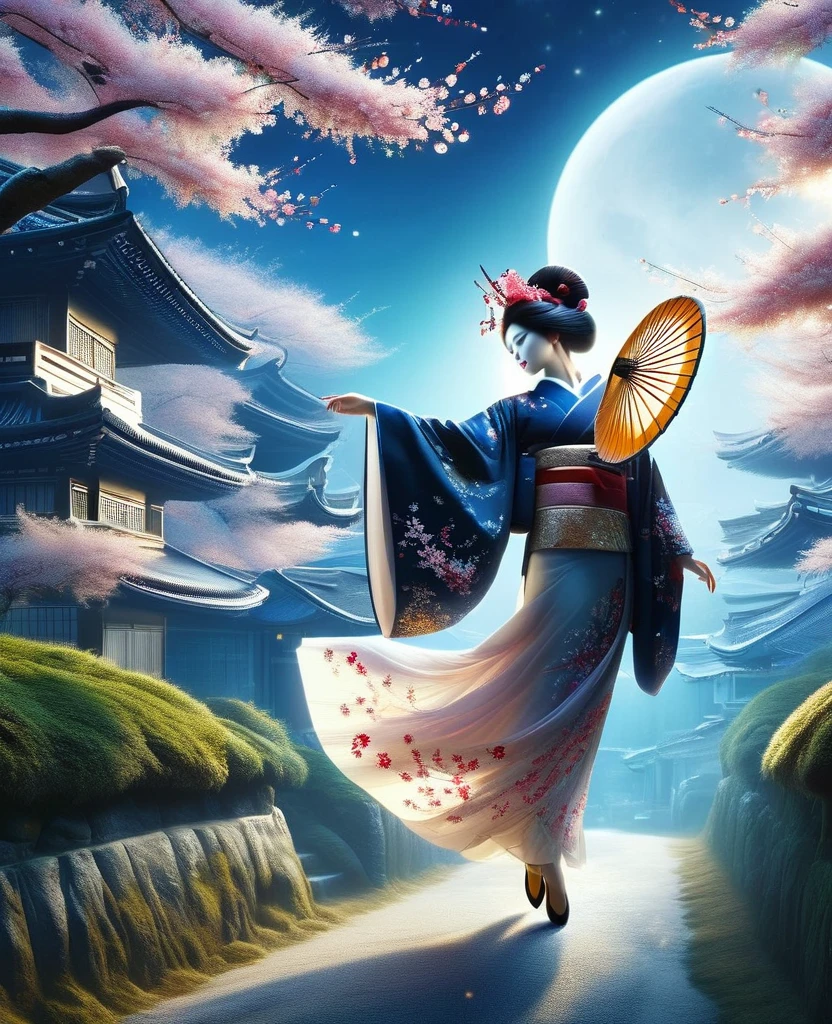 beautiful、(A geisha stands gracefully under a cherry blossom,Cherry Blossom Festival Oiran, Red cherry blossom petals next々And they scatter, (View your viewers)
The white base makeup on the girl's face has no highlights or shadow decoration. White foundation covers the entire face and neck. Red lip makeup、The area of the mouth that is smaller than normal lips. Thick and thin eyeliner pencils can accentuate the contours of your eyes., Strengthen your eyes, Makes pupils appear darker and deeper. Straight eyebrows are not only eye-catching、Informal, Cleanse the entire face. Typical Japanese Geisha makeup,
Wearing a gorgeous kimono embroidered with black and gold cherry blossoms, This is a long-sleeved kimono, Wearing clogs,
background: Deep streets and alleys under the blue moonlight,
Surrealism, Realistic depiction of light and shadow, Realistic and exaggerated photos, super high quality, Super Detail, Cinematic shots, Shallow depth of field,