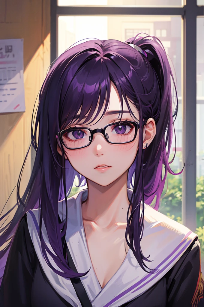 8K, Highest quality, masterpiece, Ultra-detailed、Purple Hair、Medium hair 、ponytail、full lips、Black Eyes、18Year-old beauty、Portrait、School、、Japanese 、classroom、Random facial expressions、Wear glasses、high school girl