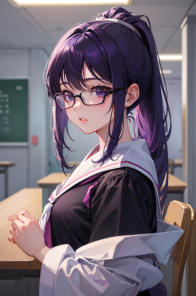 8K, Highest quality, masterpiece, Ultra-detailed、Purple Hair、Medium hair 、ponytail、full lips、Black Eyes、18Year-old beauty、Portrait、School、、Japanese 、classroom、Random facial expressions、Wear glasses、high school girl