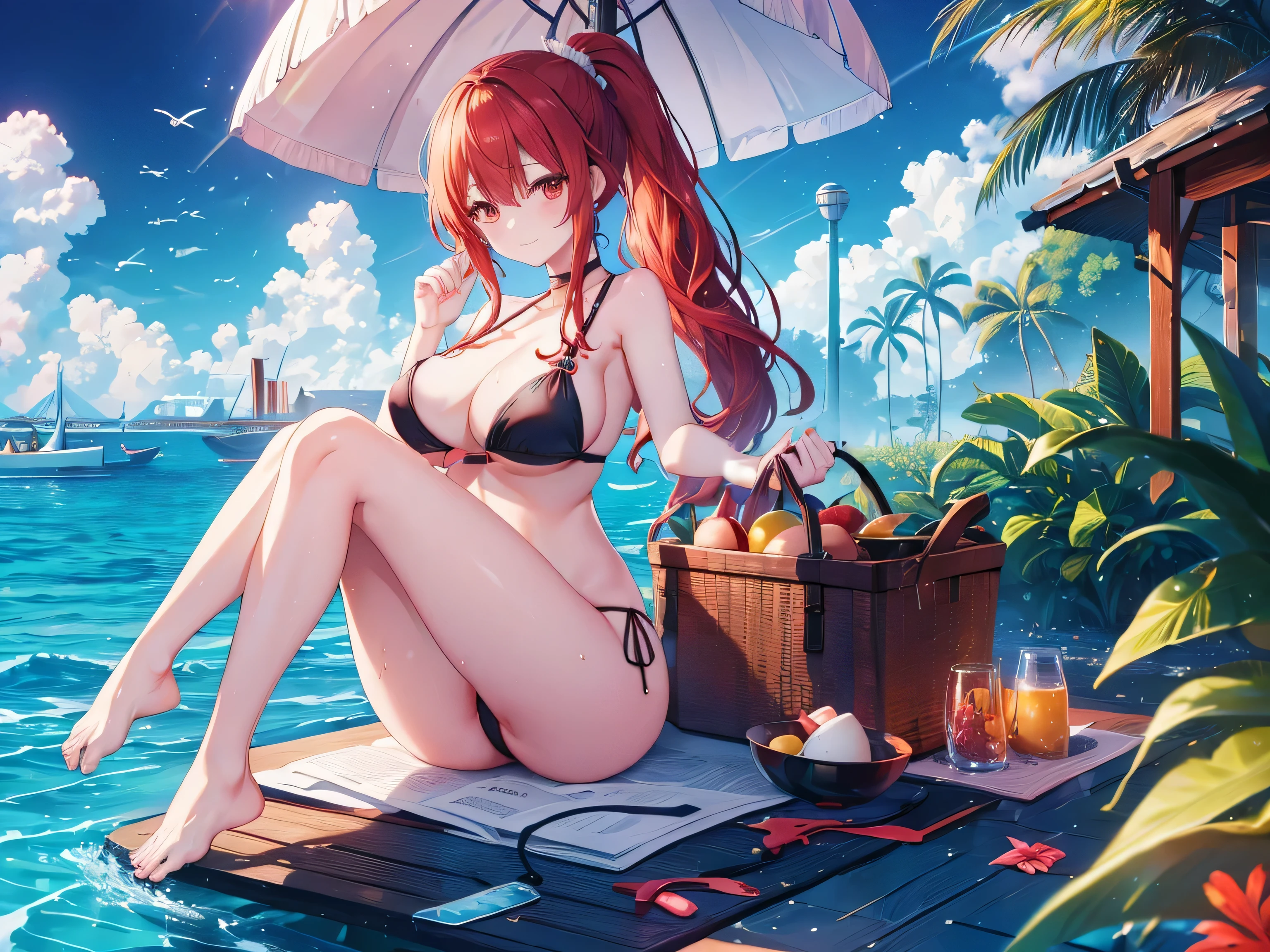 Parasol, food, basket, flip flops, vinyl sheet, Beaches and sands, Calm expression, Perfect hands, elder, Red Hair, The dignity of a 50-year-old, 落ち着きのあるwoman, solo、(Highly detailed background:1.0)、(Highly detailed background:1.0)、masterpiece、Highest quality、(Babes)、Fractal Art、Red eyes、Narrow eyes、Sexy black and red swimsuit, Reddish cheeks、Tropical Sea、From the shoulders up、Recall、smile、One Woman、Three-dimensional clouds、Venice beach, Red long ponytail, Red eyes,スタイリッシュなアクセサリーsolo, Big Breasts, woman, Take-out, Provocative laughter,40 year old woman,Queen of Sadism, Highly detailed background, Great writing style, Sit with both hands outstretched, Splash, Diffuse reflection of light, Perfect Human Medicine, Water breathing, Bare Skin, barefoot, Sweat,