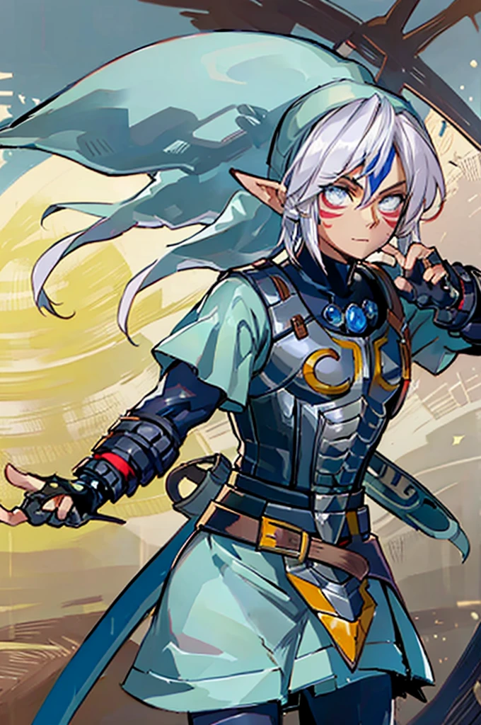 thick outlines, Comics, photorealestic, ​masterpiece:1.2, 1 Mann, alone, ootlink, hat, white tunic, belt, Fingerless Gloves, Weapon on the back, Lock, medieval, marketplace, detailed background, detailed face, detailled eyes, 