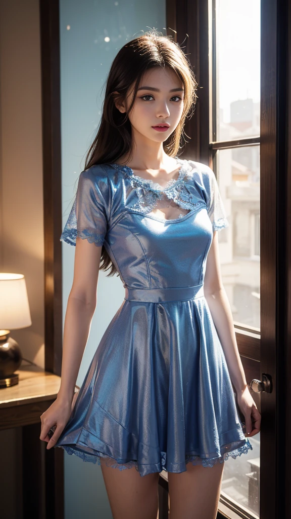 8K, UHD, MAsterpiece, best quality, 1 girl, (realistic face), happy pace, very long hair, small breasts, short clothing, very beautiful ornaments dress, blue color, lace, mesh clothing, sardine, loops, in the balcony, ipllers, depth of field, cinematic lighting, chromatic aberration, motion blur, glowing light, god rays, ray tracing, reflection light, backlighting, knee short,